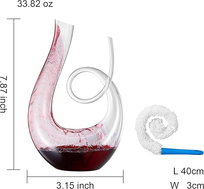 Art Series Swan Swirl Wine Decanter, Hand Blown, Lead-Free Glass with Wide Base for Aeration, + Cleaner Elegant U-Shaped Design with Spill-Reducing Spout – 33.8 oz – Modern Display for Red Wine Lovers