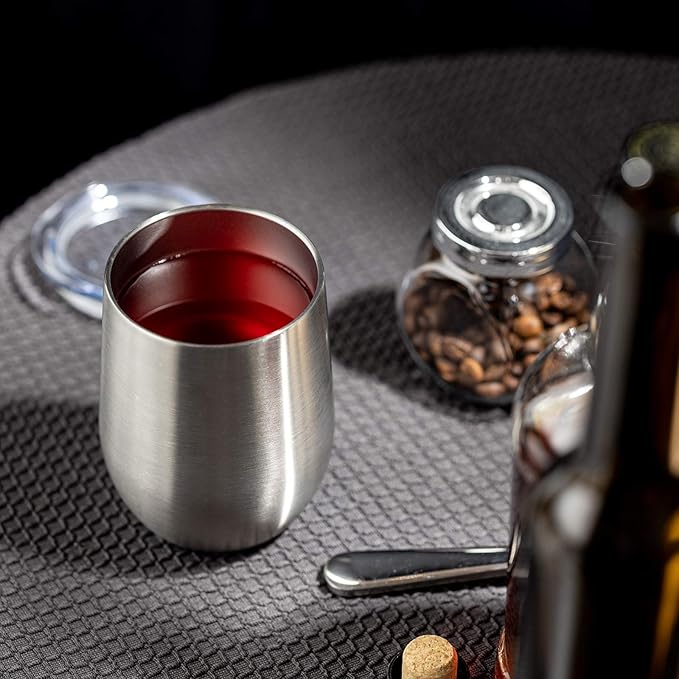 COMOOO 16 Pack 12oz Insulated Wine tumbler with Lid, Stainless Steel Stemless Wine Tumbler,Double Wall Vacuum Wine Tumbler Cups with Straw for Coffee, Cocktails,Beer,Champaign, Silver