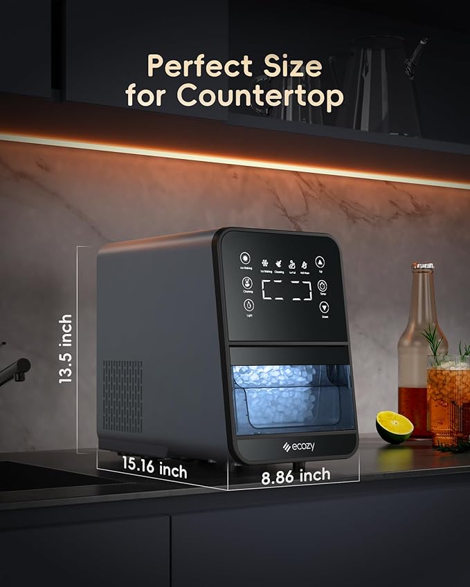 ecozy Nugget Ice Maker Countertop, Intuitive EcoScreen, 40lbs/24H Chewable Pebble Ice, 3lb Pull-Out Basket, Self-Cleaning, One-Touch Timer – Perfect for Home, Drinks & Cocktails