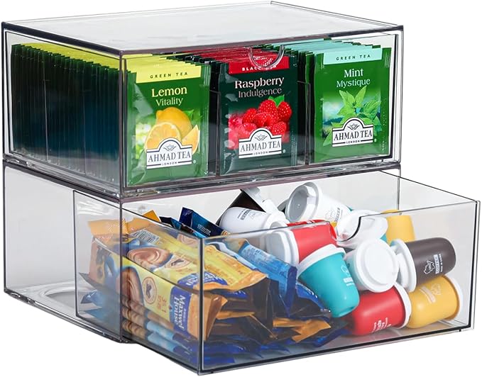 CLUQMEIK 2 Acrylic Tea and Coffee Organizer, 9 Grids Tea Bag Organizer Box and 1 Compartment Coffee Pod Storage Box, Acrylic Drawers Stackable Design Suitable for Storing Pods Creamers Sugar Packets