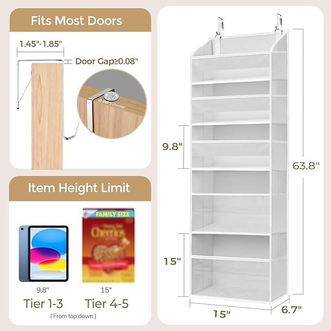 5 Tiers Over Door Organizer with 10 Mesh Side Pockets, 44 lbs Weight Capacity Hanging Storage Organizer with Clear Window Kids Toys, Shoes, Diapers, Light Gray