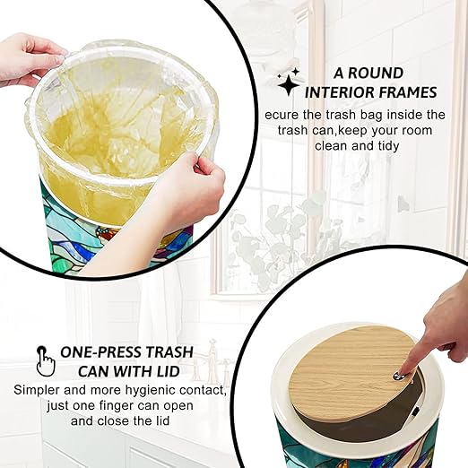 Trash Can with Lid Vibrant Fairy Blossoms Stained Glass Tableaux Press Top Round Small Garbage Bin with Wooden Legs Waste Basket for Kitchen Bedroom Nursery 7L/1.8 Gallon
