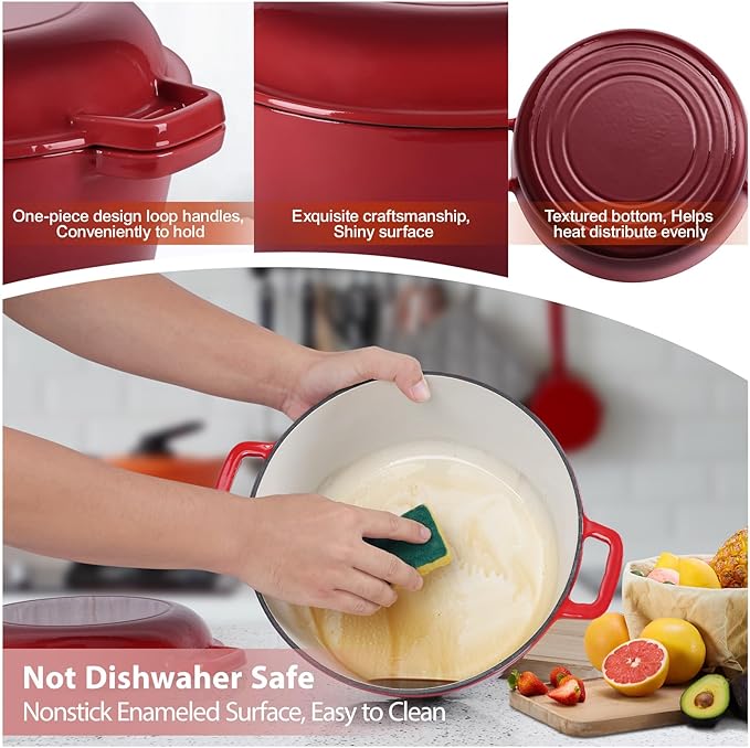 TeamFar 2-In-1 Enameled Cast Iron Dutch Oven, 5 Quart Dutch Oven Pot Cookware with Skillet Lid for Bread Baking Braising Stewing Roasting, Heavy-Duty & Nonstick, Oven Safe & Fit for Induction (Red)