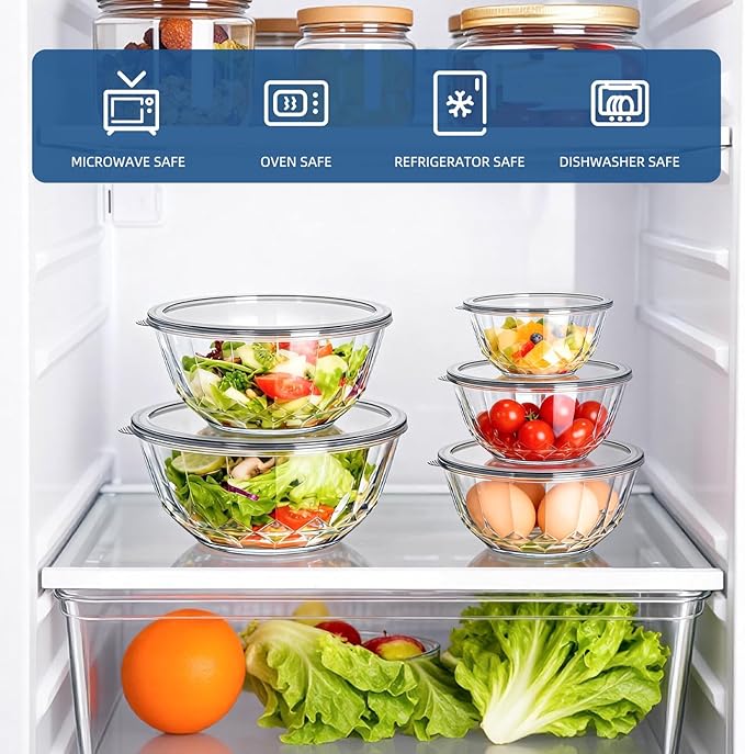 Luvan 5-Piece Glass Mixing Bowls Set with Lids - Clear Salad Bowls with Lids Set, Diamond Pattern Large Glass Mixing Bowl for Baking Prep, Serving & Storage