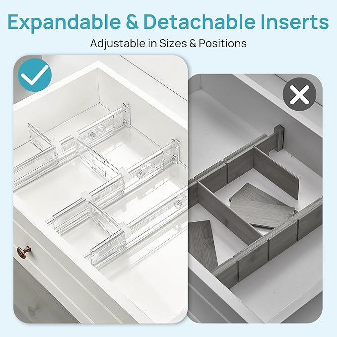 Vtopmart 2.36” Drawer Dividers with Expandable Inserts and 25 PCS Clear Plastic Drawer Organizers Set