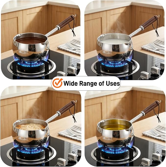 Mini Milk Warmer Pot, 15 OZ/450 ml Stainless Steel Melting Pot, Hot Oil Pan with Wood Handle, Dual Spouts Small Saucepan for Seafood Butter Chocolate Cooking Restaurant Kitchen Camping