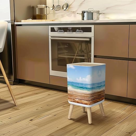 Small Trash Can with Lid Wooden table top blurred summer blue sea sky space for your display Wastebasket with Press Cover Dog Proof Garbage Can Waste Bin for Kitchen Bathroom Nursery 2.6 Gallon