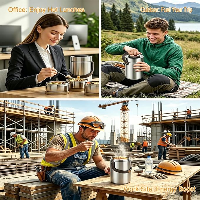 67oz Adults Stainless Steel Vacuum Insulated Thermal Lunch Box, 3 Tier Stackable Sealed Leak-Proof Wide Mouth Portable Bento Food Container, Hot Food Thermo Jar for Soup Office & Outdoor (Silver)