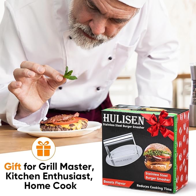 HULISEN Stainless Steel Burger Press, 6.2 inch Round Burger Smasher, Professional Griddle Accessories Kit, Grill Press Perfect for Flat Top Griddle Grill Cooking (Pack of 2)
