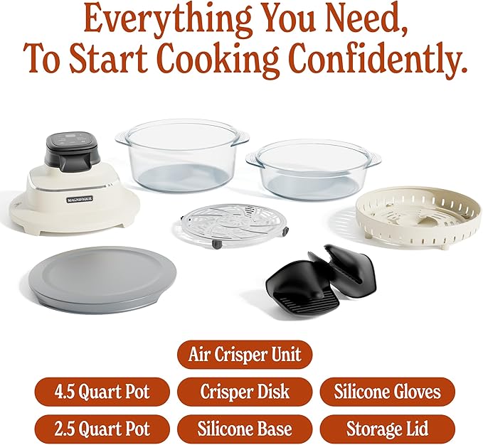MAGNIFIQUE Glass Air Fryer, Non Toxic Air Fryer with 4.5QT & 2.5QT Glass Pots, Borosilicate, Stainless Steel, Air Fry, Bake, Re-Crisp & MaxCrisp, Oatmeal