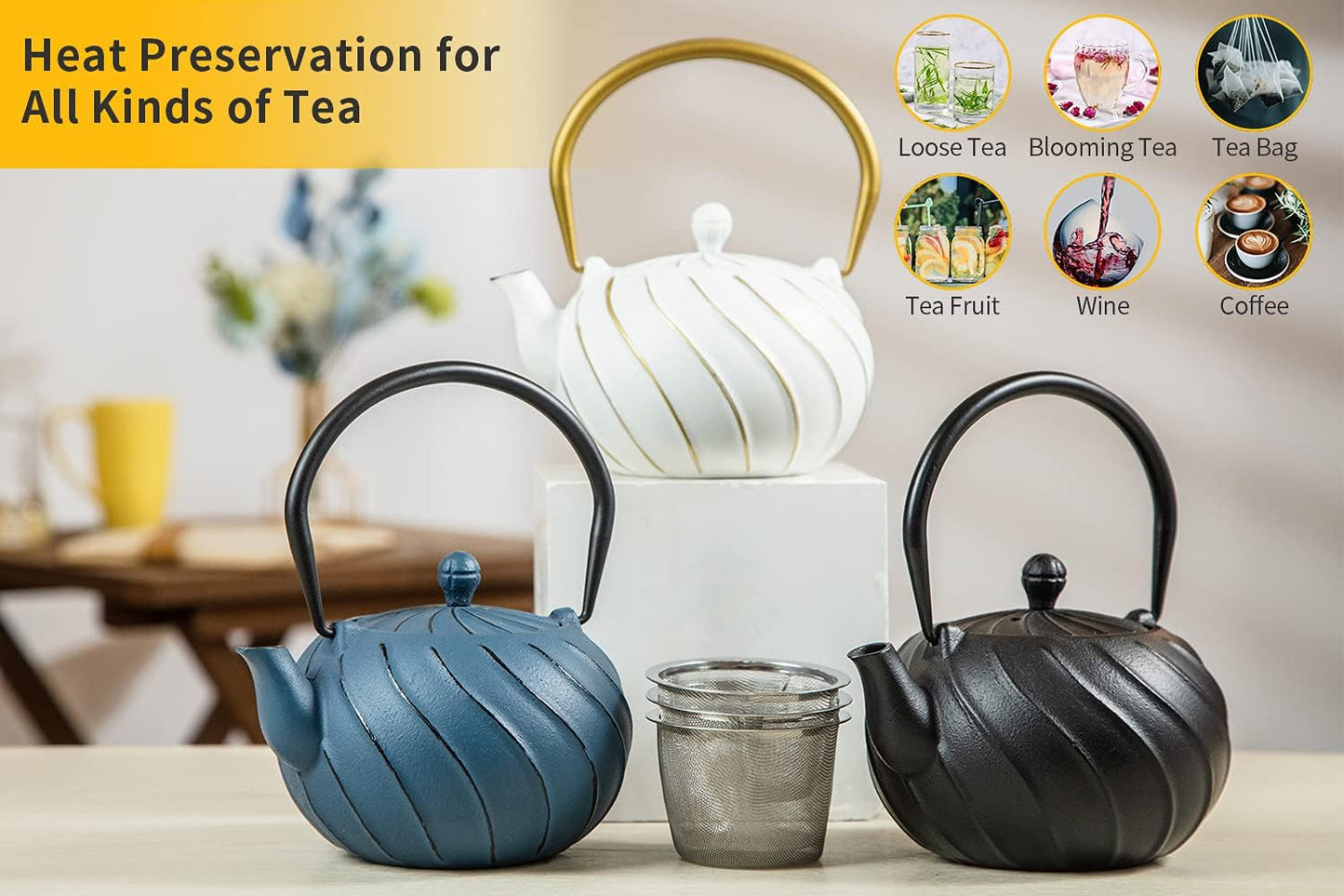 Stovetop Tea Kettle, TOPTIER Japanese Cast Iron Tea Kettle with Infuser for Loose Leaf and Tea Bags, Cast Iron Teakettle Coated with Enameled Interior for 40 oz (1200 ml), Midnight Black