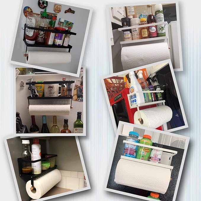 Thipoten Magnetic Spice Rack, 2-in-1 Foldable Strong Magnetic Shelf with Paper Towel Holder, Perfect Space Saver for Small Kitchen/Apartment, Easy to Install on the Side of Refrigerator(Black)