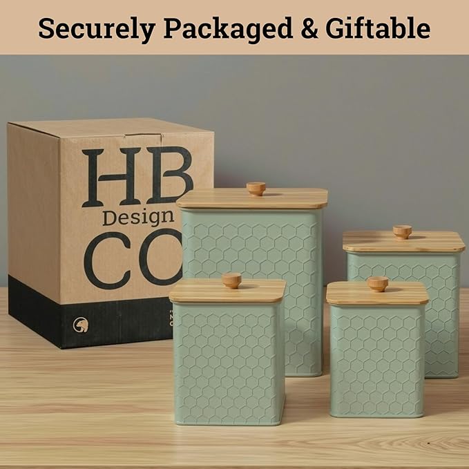 Kitchen Canisters for Countertop Set of 4 - Textured Iron Kitchen Canisters with Airtight Lids - Flour Sugar Canister Set - Flour and Sugar Containers Farmhouse - Coffee Jar for Counter - Green Jar x4