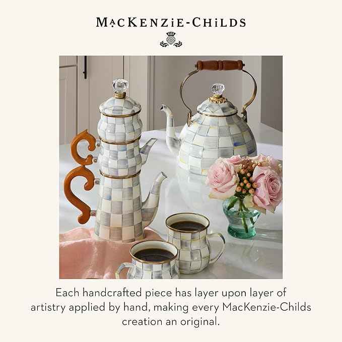 MACKENZIE-CHILDS Enamel Tea Kettle, Stylish Tea Kettle for Stovetop, Grey-and-White Sterling Check, 3 Quarts