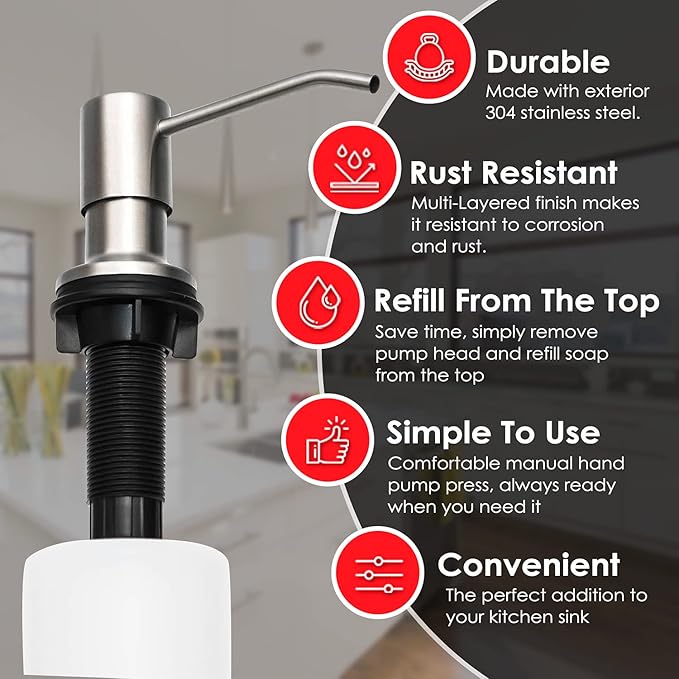 Built in Soap Dispenser for Kitchen Sink, Brushed Nickel, Fits 1 to 1.25 Inch Hole, Stainless Steel Pump Replacement, Lotion Dispenser