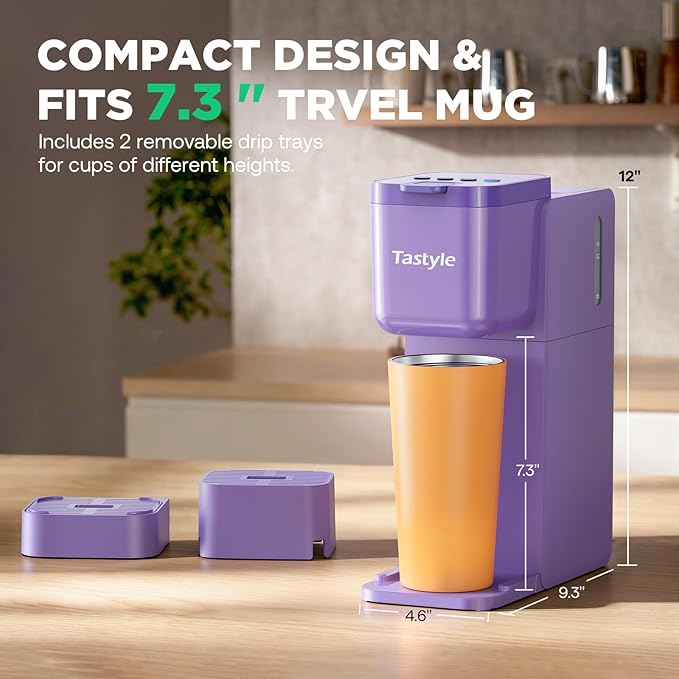 Tastyle Single Serve Coffee Maker Hot and Iced with Bold Brew, Small Coffee Machine for K Cup and Ground, Fits 7.3'' Travel Mug, Brews up to 16 Oz, 5 Cup Sizes, Compact for Office, RV& Hotel, Lavender