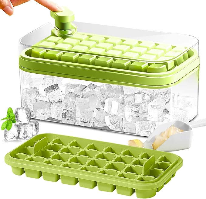 Ice Cube Trays with Lid and Bin, 4 Trays-Green