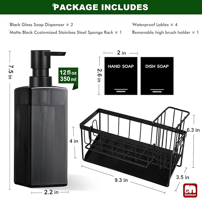 GMISUN Dish Soap Dispenser for Kitchen, 12 fl oz / 350 ml Dual Kitchen Soap Dispensers with Sponge Holder, Transparent Black Glass Kitchen Soap Dispenser Set, Modern Hand and Dish Soap Bottle Set
