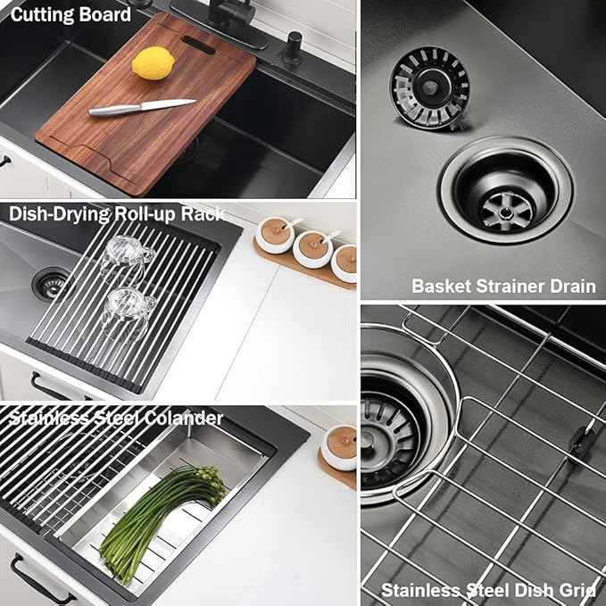 30 Inch Black Drop in Kitchen Sink Workstation - VOKIM 30x18-Inch Drop in sink Stainless Steel 16 Gauge 10'' Deep Single Bowl Topmount Kitchen Sink with Cutting Board& Strainer