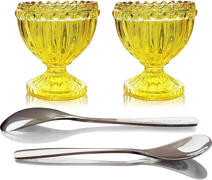 NobleEgg Glass Egg Cups for Soft Boiled Eggs | Egg Spoons | Vintage Style | Yellow, 2