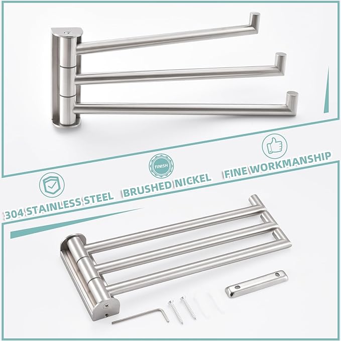 APLusee Brushed Nickel Swivel Towel Rack, 304 Stainless Steel Foldable Towel Bar with Three Swing Arm, Wall Mounted