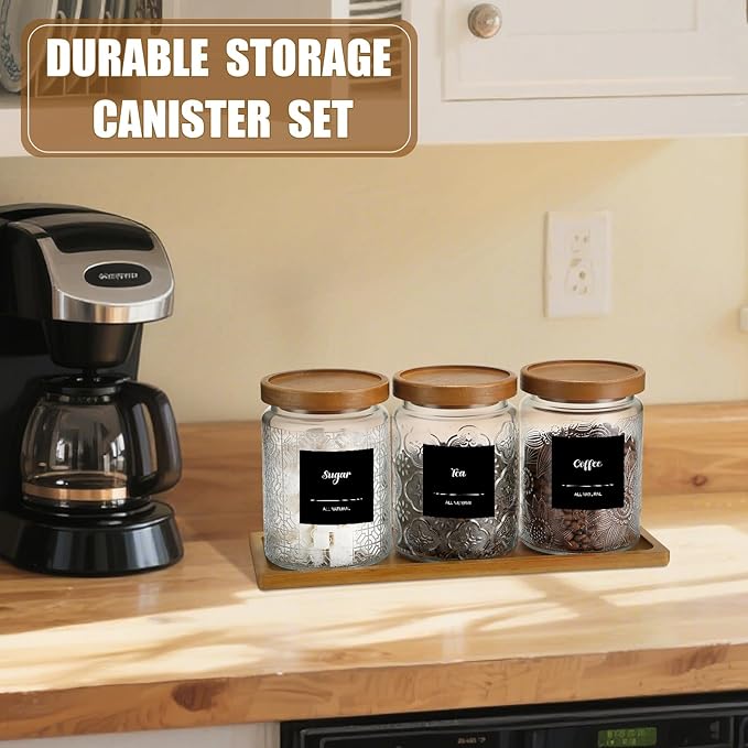 3 Pack 24 oz Glass Coffee Container with Wooden Tray Lid Spoon Labels Clear Airtight Glass Jar Food Storage Kitchen Canisters Set Decorative Coffee Bar Containers for Sugar Candy Tea Flour