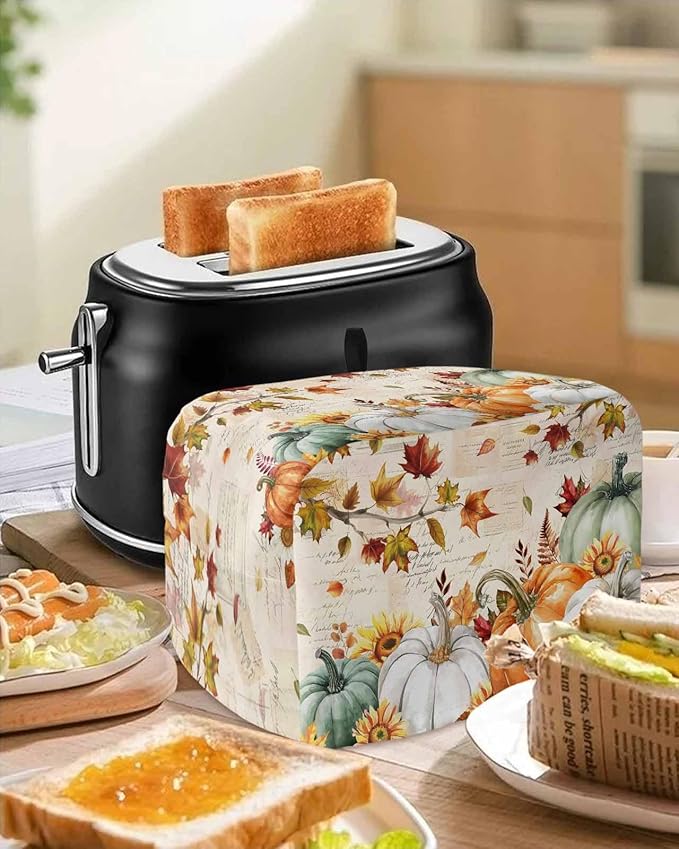Green White Pumpkins Fall Toaster Cover 4 Slice, Thanksgiving Maple Leaf Dustproof Bakeware Oven Protector with Top Hook, Autumn Waterproof Small Kitchen Appliance Toasters Dust Cover, 12"x11"x8"