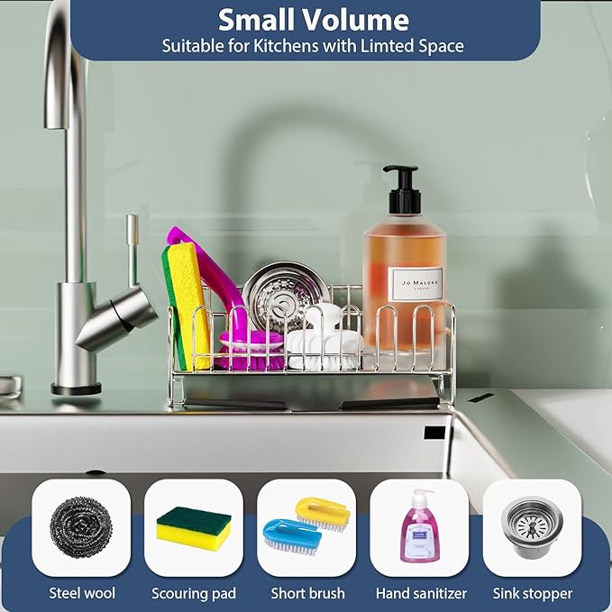 KABUM 304 Stainless Steel Sponge Holder for Kitchen Sink, Compact Sink Caddy with 4 Non-Slip Silicone Pads, Easy to Clean Rustproof 304 Steel, Kitchen Essentials, No-Tools Design (8.27x2.95x3.43)