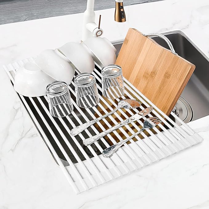MERRYBOX Roll Up Dish Drying Rack, Silicone Wrapped Over The Sink Dish Rack Foldable Dish Drainer Anti-Slip Dish Racks for Kitchen Sink, Multipurpose Kitchen Sink Drying Rack, 17.5" x 13", White