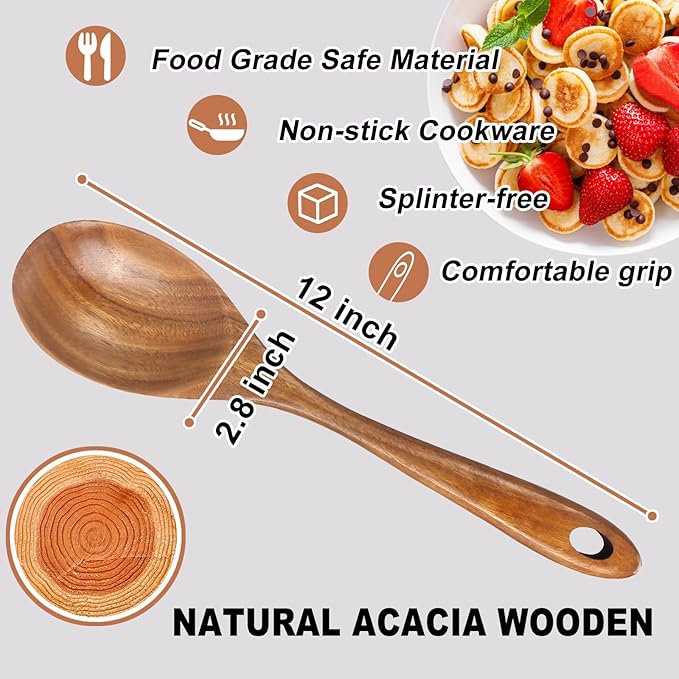 2 Pcs Large Wooden Spoons for Cooking Serving Mixing Kitchen Spoon Big Acacia Wood Utensils Set Teak Spatula Cooking Spoon Set Bamboo Baking Spoons Non Toxic Kitchen Tools Cooking Accessories