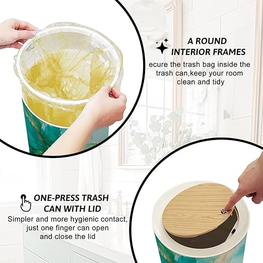 Trash Can with Lid Abstract green gold fragment colorful Mixing acrylic paints Modern art Press Top Round Small Garbage Bin with Wooden Legs Waste Basket for Kitchen Bedroom Nursery 7L/1.8 Gallon