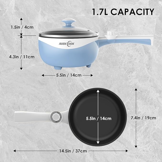 Audecook Hot Pot Electric, 1.7L Mini Electric Skillet Portable Nonstick Sauté Pan with Power Adjustment, Ramen Cooker Travel Multicooker for Steak/Soup/Egg/Oatmeal/Noodles