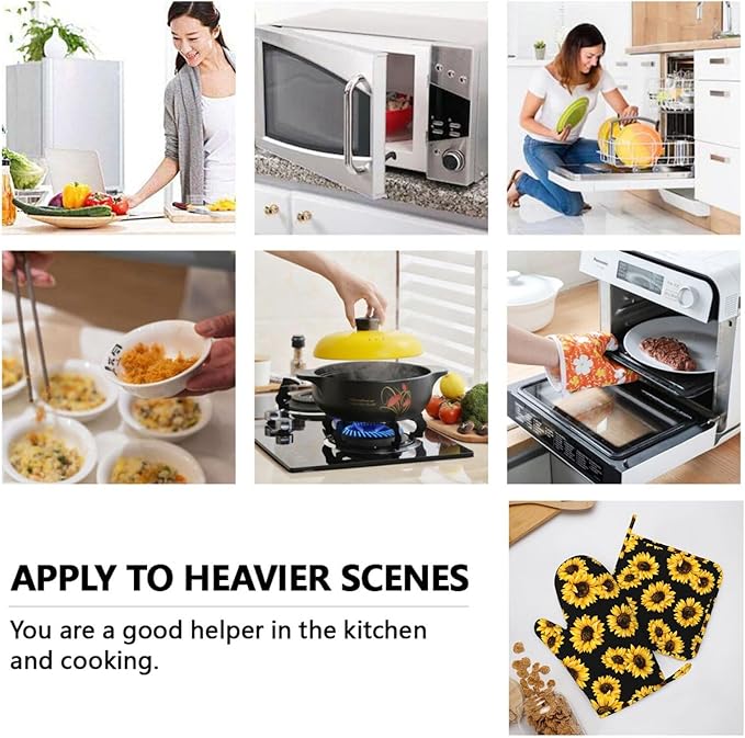 Pretty Sunflower Stylish Oven Mitts and Pot Holders Sets of 4, Heat Resistant Silicone Oven Mittens and Potholders Gloves Hot Pads for Kitchen Cooking Baking Grilling BBQ Chef