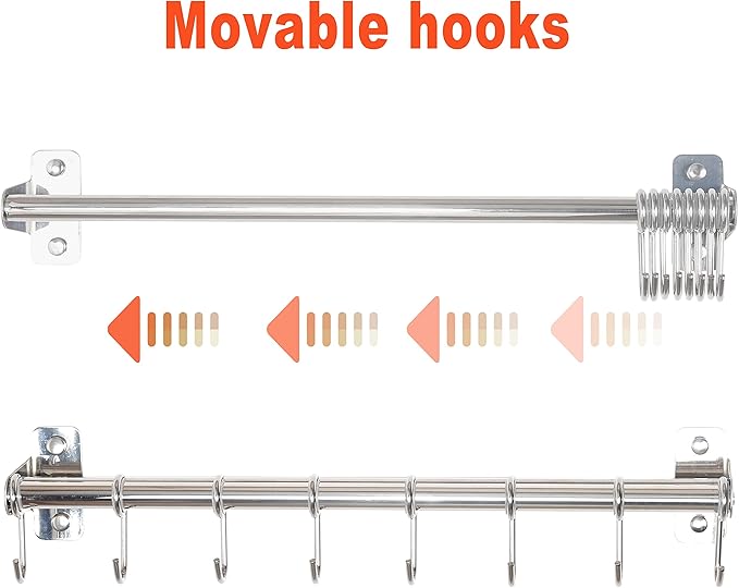 Dseap Pot Rack - Pots and Pans Hanging Rack Rail with 8 Hooks, Double Bars, Pot Hangers for Kitchen, Wall Mounted, Chromed, Pack of 2