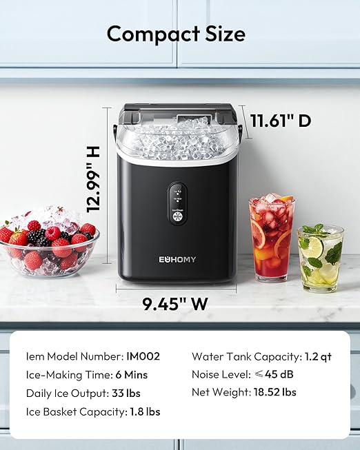 EUHOMY Nugget Ice Maker Countertop with Handle, Ready in 6 Mins, 34lbs Per Day, Removable Top Cover, Self-Cleaning, Portable Sonic Ice Maker with Basket and Scoop, for Home/Party/RV/Camping(Black)