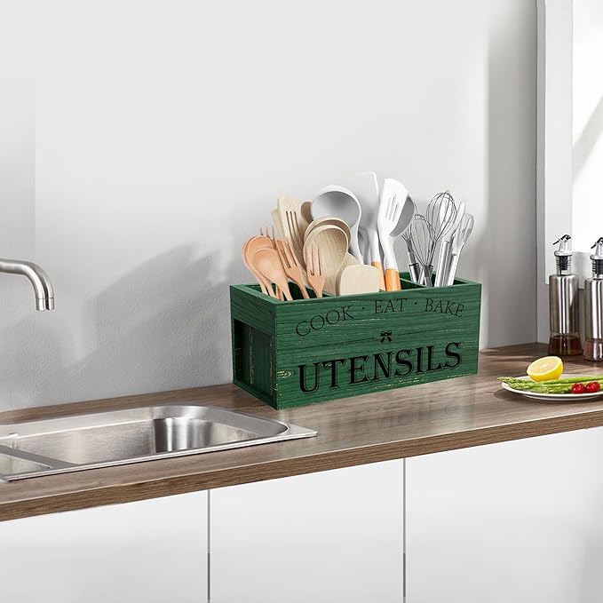 Suli Extra Large Kitchen Utensils Holder with 4 Compartments, Wooden Utensil Organizer for Kitchen Countertop, Farmhouse Decor, Rustic Cooking Utensil - Green grain