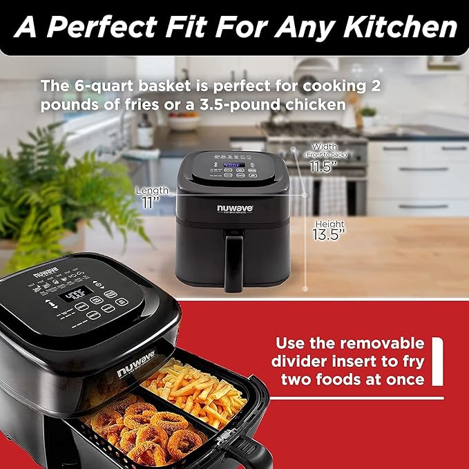 Nuwave 6-quart Brio Healthy Digital Air Fryer with One-Touch Digital Controls, 6 Preset Menu Functions & Removable Divider Insert (Renewed)