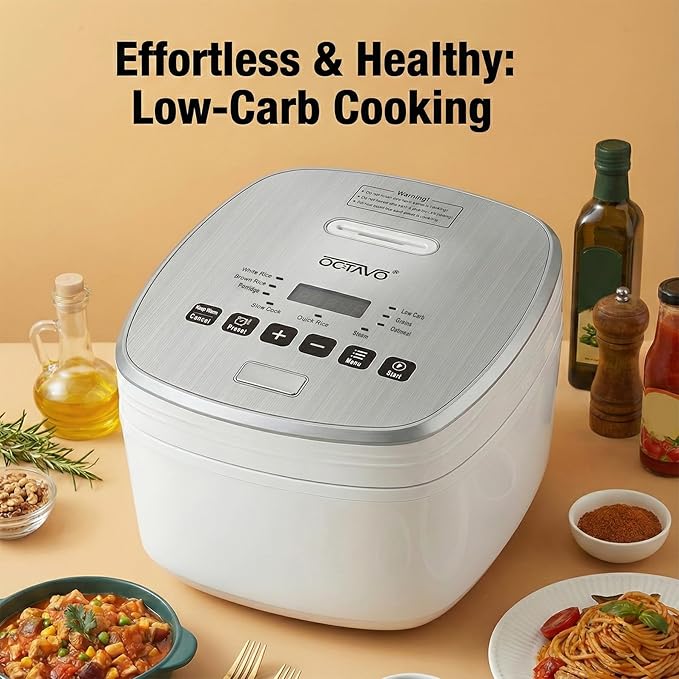 OCTAVO Low Carb Rice Cooker, 5-Cup Uncooked Stainless Steel Inner Pot, Low Sugar Rice Maker with 24H Timer and Auto Keep Warm, Small Rice Maker LED Display, White Rice/Brown Rice/Grains/Oatmeal, Bead-blasted