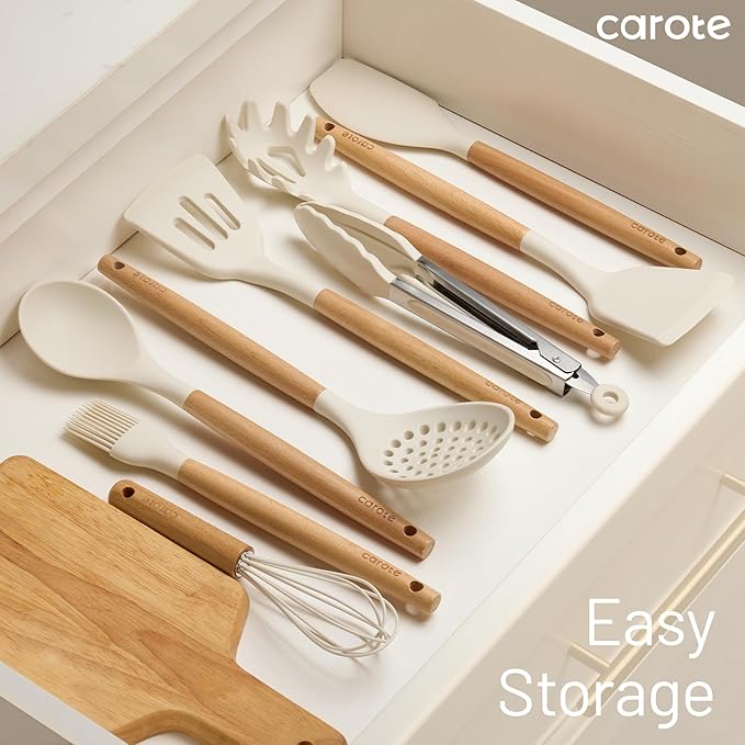 CAROTE Silicone Cooking Utensils Set, Kitchen Utensils Set 16 Pcs for Cooking,BPA Free Spatula Set,446 ℉ Heat Resistant Wood Handles for Nonstick Cookware (Cream White)