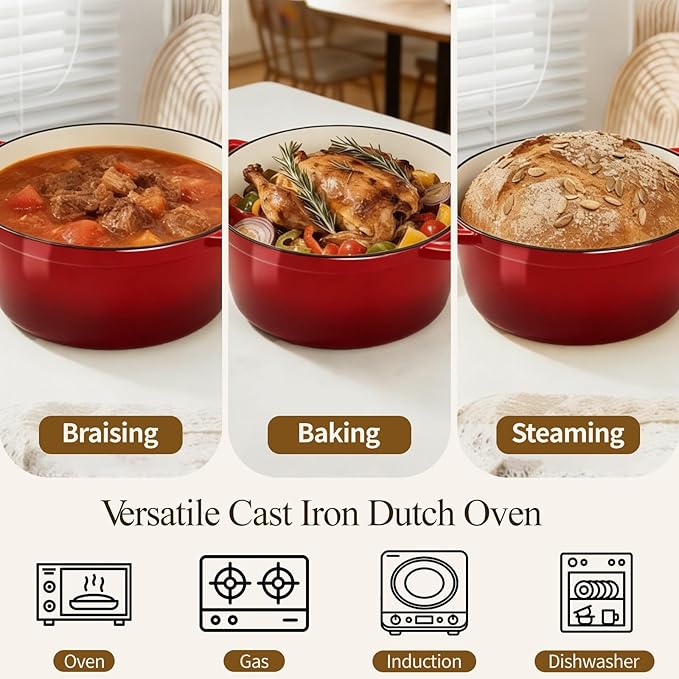 Enameled Cast Iron Dutch Oven with Lid -6.5 QT, incl. Sourdough Bread-Baking Supplies like Banneton Proofing Basket, Heavy Duty Cookware Bread-Oven for Baking, Stews, and Roasting, cherry red