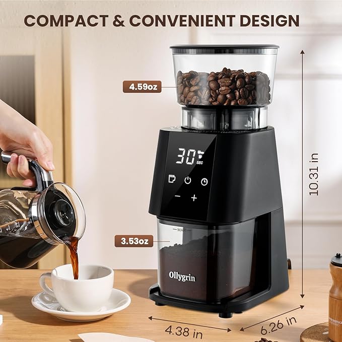 Ollygrin Conical Burr Coffee Grinder Electric, Adjustable Coffee Grinder for Home Use, Touchscreen Burr Mill Grinder with 30 Grinding Sizes, 2-12 Cups for French Press & Drip Coffee