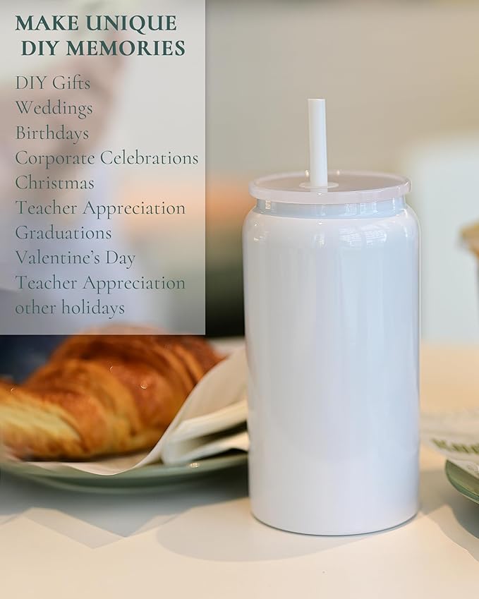 6 Pack Glass Cups with Lids and Straws, 16oz Stainless Steel Sublimation Tumbler, Beer and Iced Coffee Cups, Smoothie Cup for Whiskey, Soda, Tea, Water