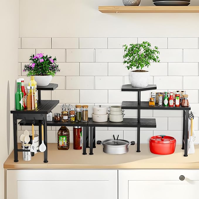 Counter Organizer Shelf, 3 Tier Moveable Black Corner Shelf Organizer with Hook, Counter Shelf for Kitchen Bathroom Spice Rack Coffee Area Over Sink Dresser Table (Black)