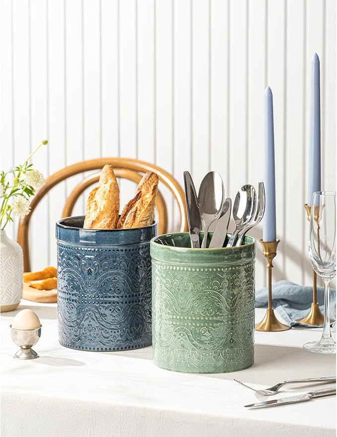 Kitchen Utensil Holder, 7 Inches Large Ceramic Utensil Holder for Countertop, Lace Emboss Cooking Utensil Crocks for Kitchen, Home Decor, Off-White, Forest Green