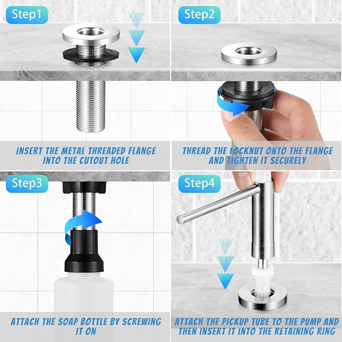 Long Spout Kitchen Sink Soap Dispenser for Granite & Quartz Countertop - Brushed Nickel Stainless Steel Finished - Wide Flange Provides Great Coverage on American Standard Sink Holes