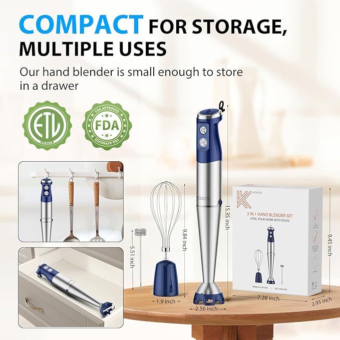 KOIOS Immersion Blender, 1000W Anti-scratch 3-in-1 Hand Blender, Upgraded 12 Speed Stainless Steel Blade Stick Blender with Turbo Mode, Whisk and Milk Frother, Non-BPA, Blue