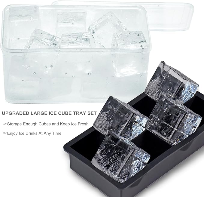 Bangp Large Ice Cube Trays Set(4 Large Silicone Ice Trays,2 Lids,Ice Bin&Tongs),Large Ice Tray Molds for Making 32 Giant Ice Cubes for Whiskey