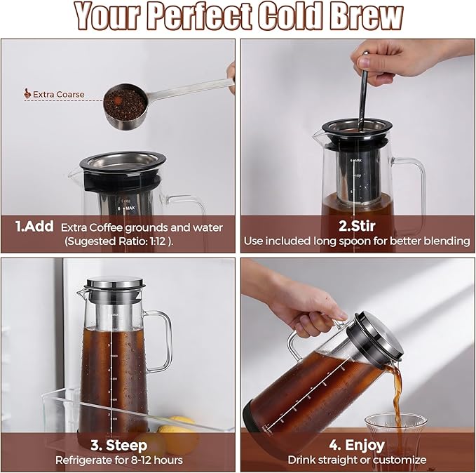 Cold Brew Coffee Maker 1.4L/48oz with Extended Filter & 2 Pcs Stainless Steel Espresso Cup (White), Coffee Brewing Set with Cleaning Brush, Stirring Spoon & 3.4oz/100ml Dual Scale Measuring Cup