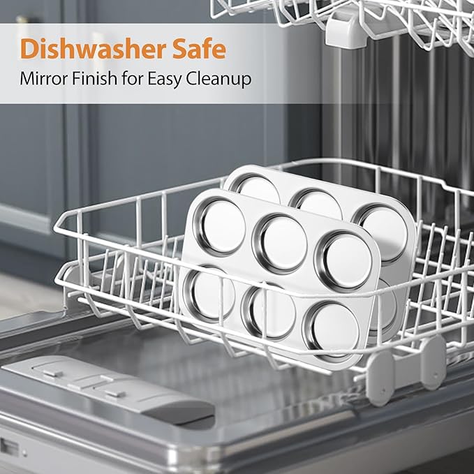 E-far Muffin Top Pan, Stainless Steel 6-Cavity Shallow Cupcake Pan for Baking Whoopie Pie, Yorkshire Pudding, Eggs, Cornbread, Drop Cookies, Non-toxic & Standard Size, Oven & Dishwasher Safe