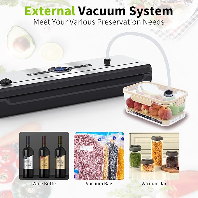 Vacuum Sealer, 70KPA Powerful Pro Food Saver Vacuum Sealer Machine, Full Automatic with Double Heat Seal, Liquid, Wet, Dry Modes with External Vacuum System, Built in Cutter & 15 Vacuum Bags